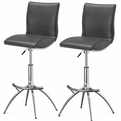 Set of Two Gray And Silver Faux Leather And Metal Low Back Adjustable Height Swivel Bar Chairs