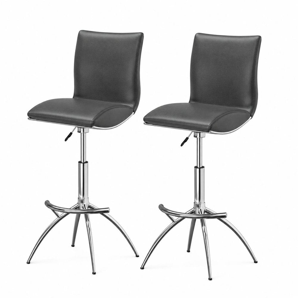 Set of Two Gray And Silver Faux Leather And Metal Low Back Adjustable Height Swivel Bar Chairs