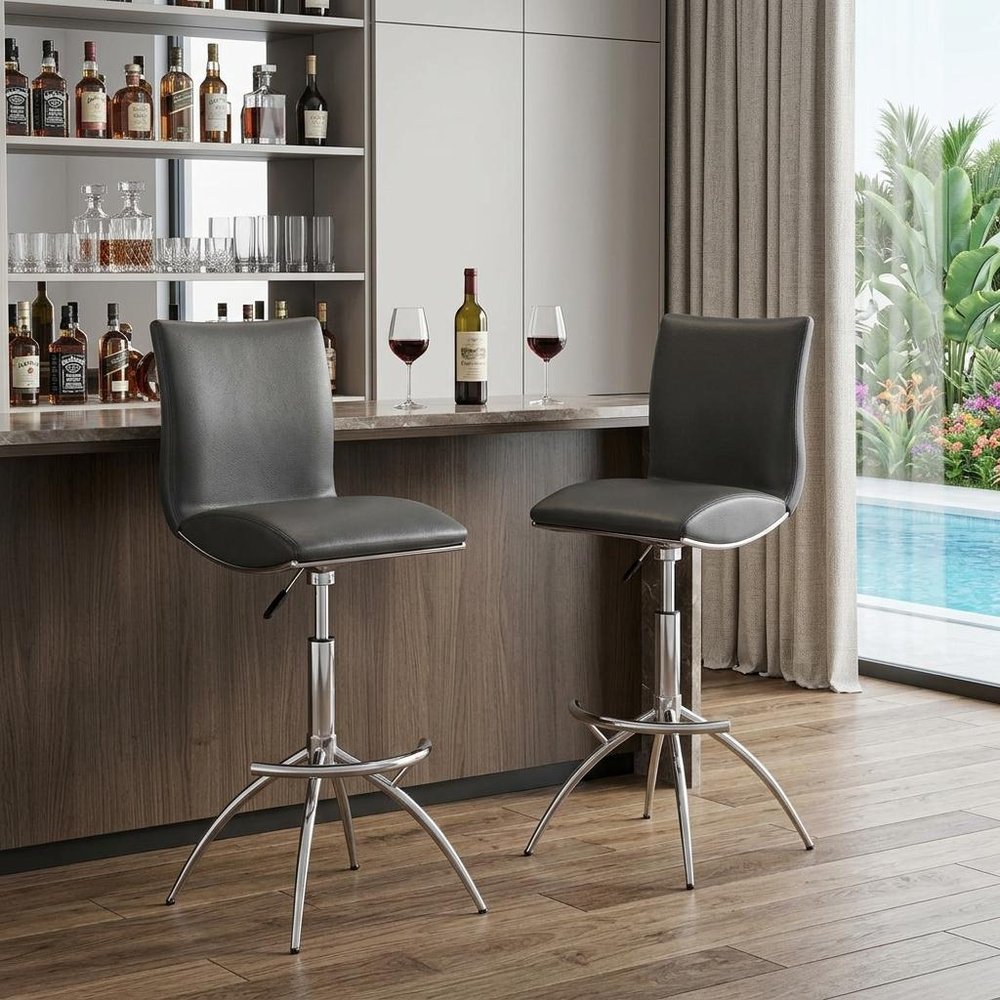 Set of Two Gray And Silver Faux Leather And Metal Low Back Adjustable Height Swivel Bar Chairs