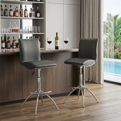 Set of Two Gray And Silver Faux Leather And Metal Low Back Adjustable Height Swivel Bar Chairs