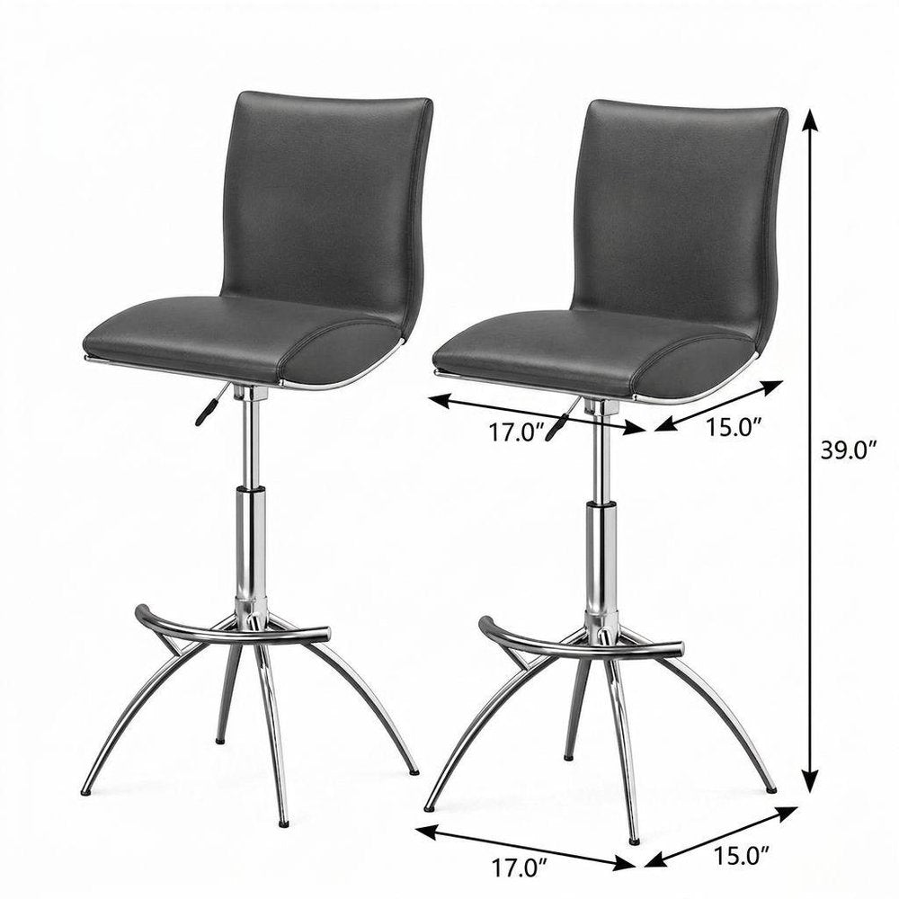 Set of Two Gray And Silver Faux Leather And Metal Low Back Adjustable Height Swivel Bar Chairs