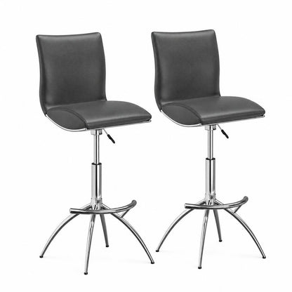Set of Two Gray And Silver Faux Leather And Metal Low Back Adjustable Height Swivel Bar Chairs
