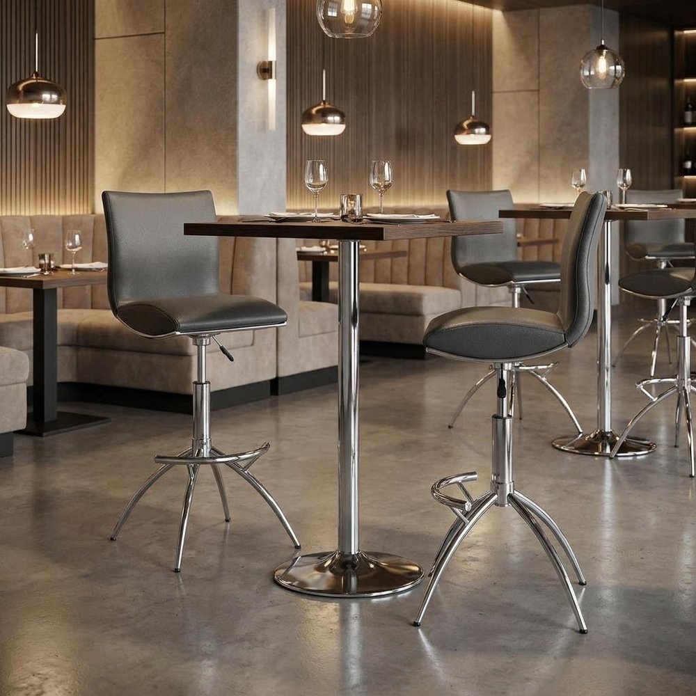 Set of Two Gray And Silver Faux Leather And Metal Low Back Adjustable Height Swivel Bar Chairs