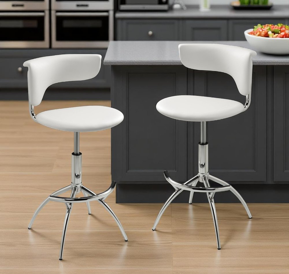 Set of Two White And Silver Faux Leather And Metal Low Back Adjustable Height Bar Chairs