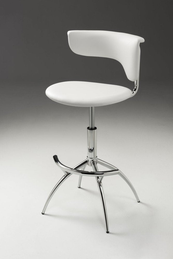 Set of Two White And Silver Faux Leather And Metal Low Back Adjustable Height Bar Chairs