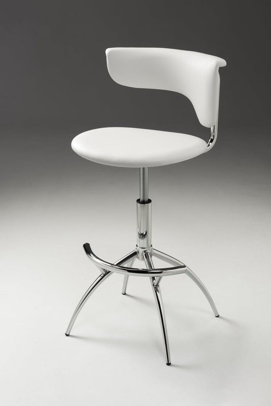 Set of Two White And Silver Faux Leather And Metal Low Back Adjustable Height Bar Chairs