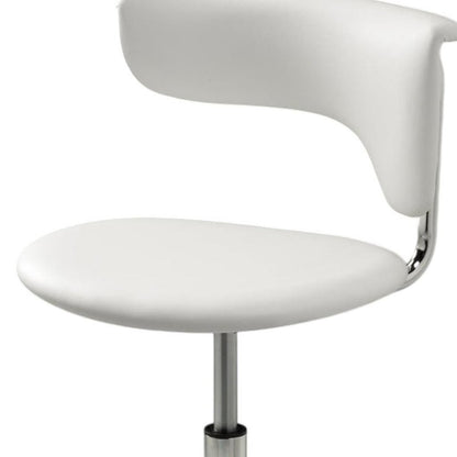 Set of Two White And Silver Faux Leather And Metal Low Back Adjustable Height Bar Chairs