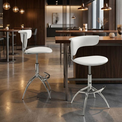 Set of Two White And Silver Faux Leather And Metal Low Back Adjustable Height Bar Chairs