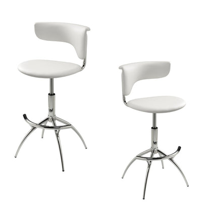 Set of Two White And Silver Faux Leather And Metal Low Back Adjustable Height Bar Chairs