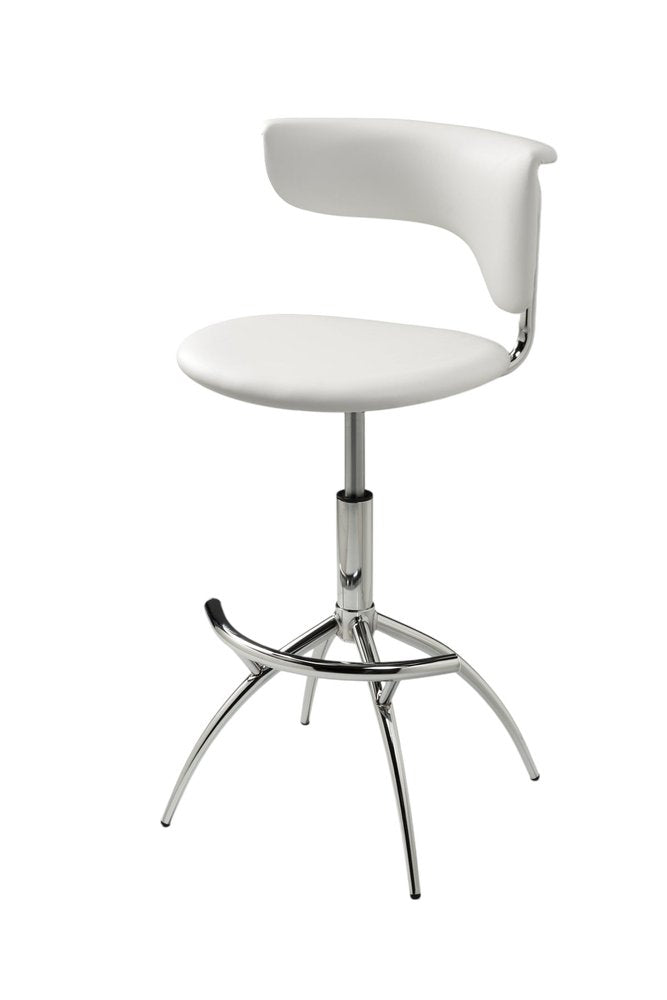 Set of Two White And Silver Faux Leather And Metal Low Back Adjustable Height Bar Chairs