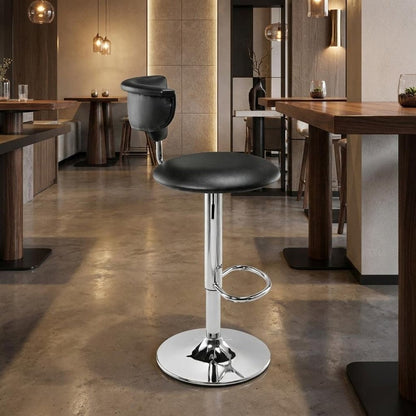 Black And Silver Faux Leather And Metal Low Back Adjustable Height Bar Chair