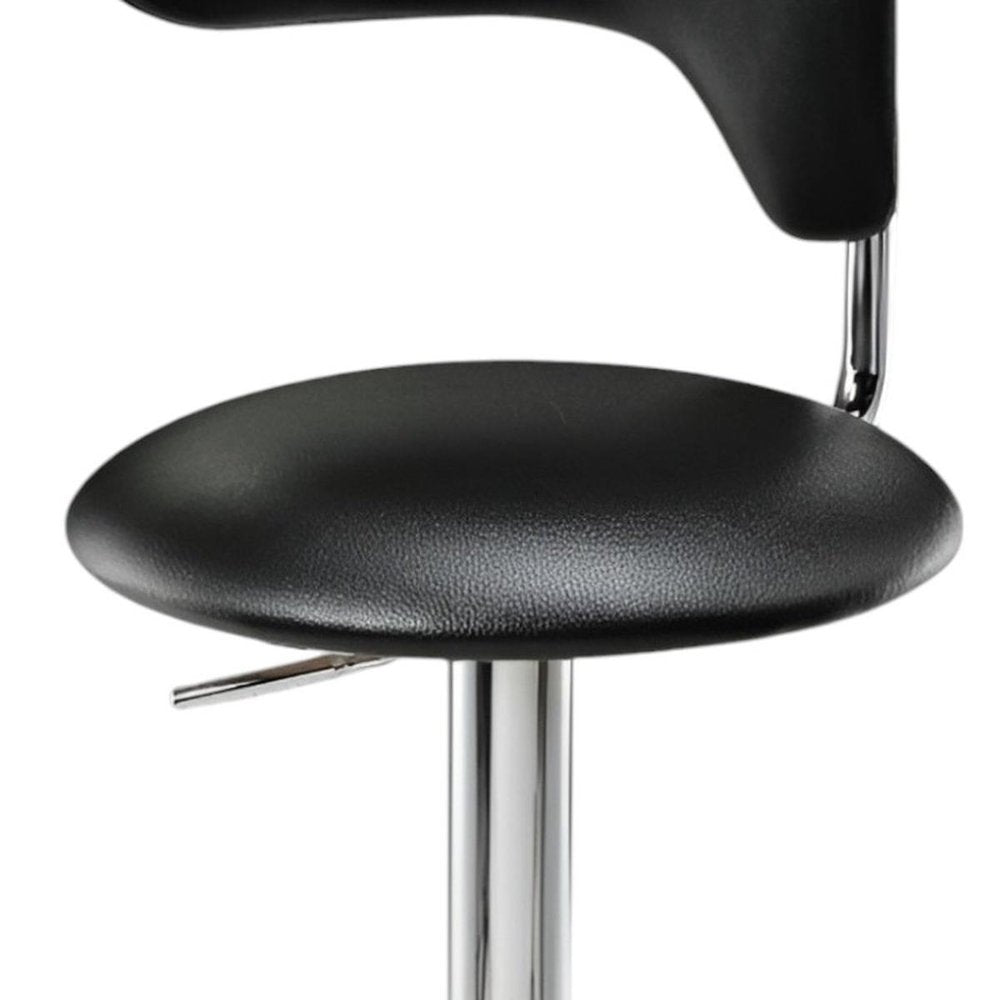Black And Silver Faux Leather And Metal Low Back Adjustable Height Bar Chair