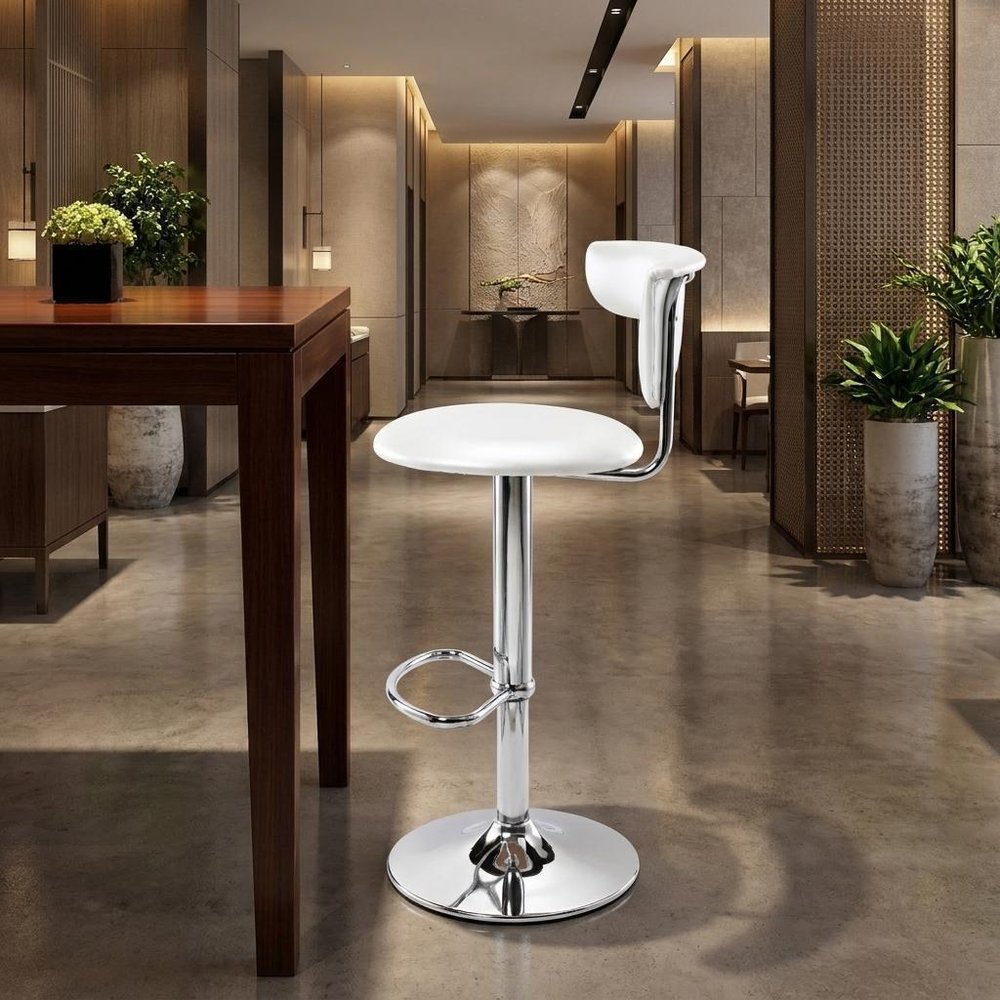 White And Silver Faux Leather And Metal Low Back Adjustable Height Bar Chair