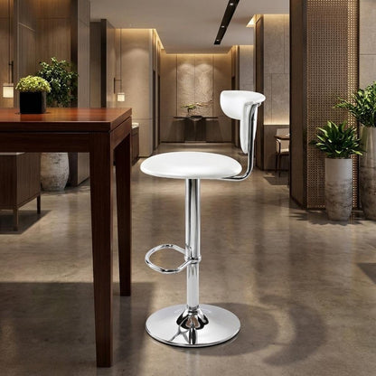 White And Silver Faux Leather And Metal Low Back Adjustable Height Bar Chair