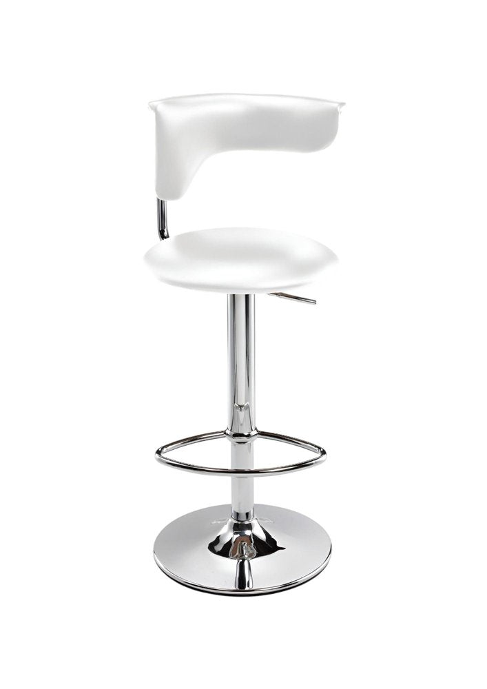 White And Silver Faux Leather And Metal Low Back Adjustable Height Bar Chair