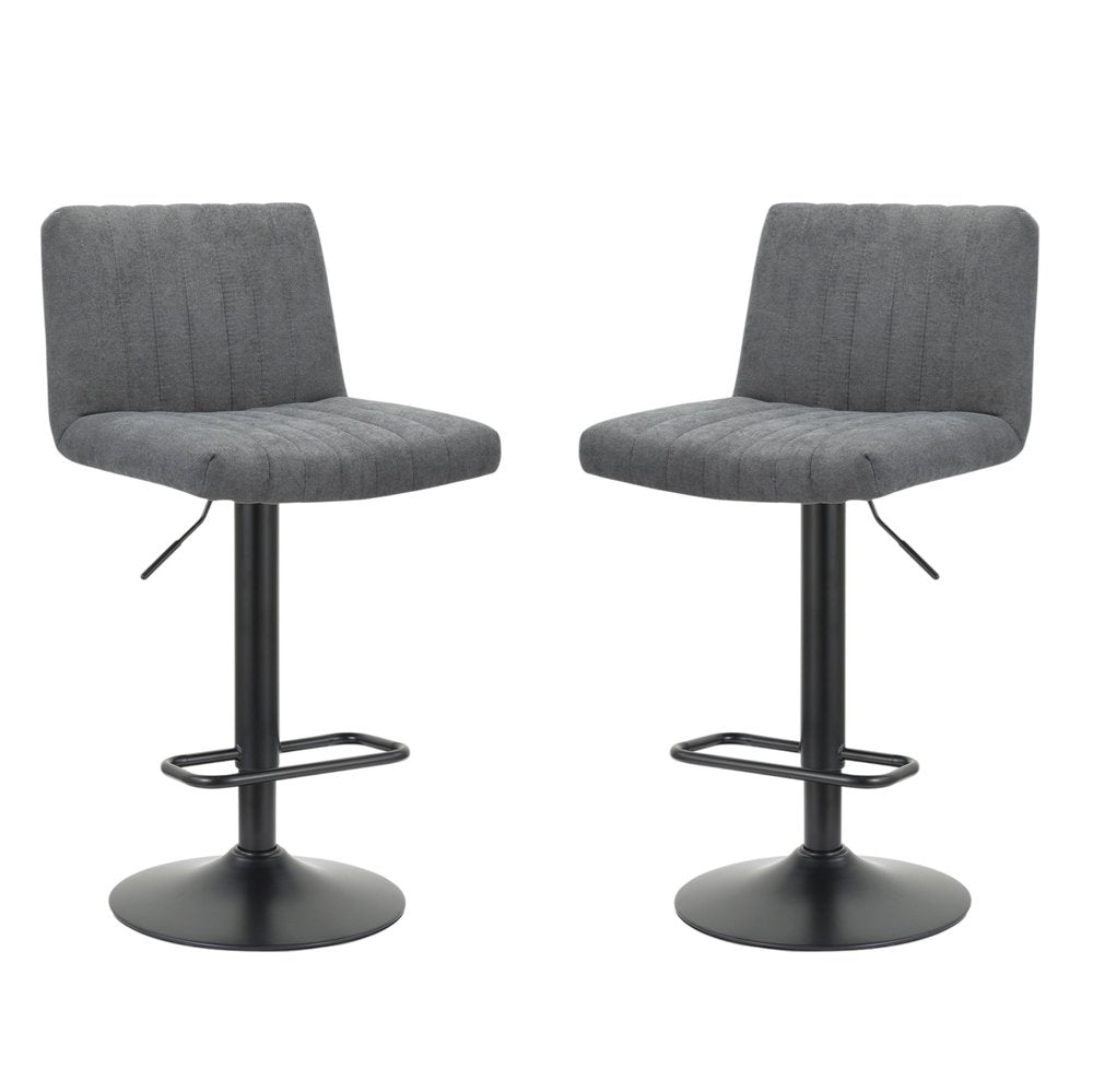 Set of Two Gray And Black Fabric And Metal Low Back Adjustable Height Bar Chairs