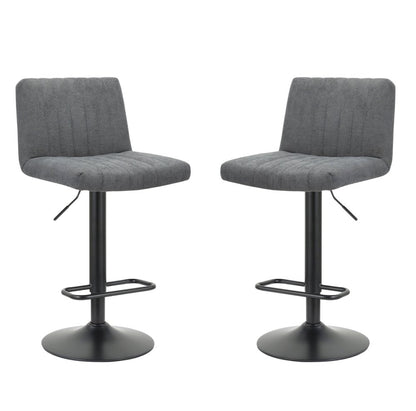 Set of Two Gray And Black Fabric And Metal Low Back Adjustable Height Bar Chairs