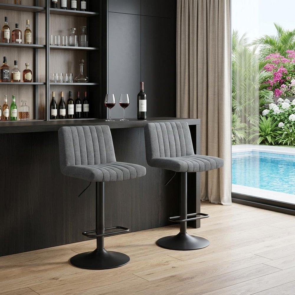 Set of Two Gray And Black Fabric And Metal Low Back Adjustable Height Bar Chairs