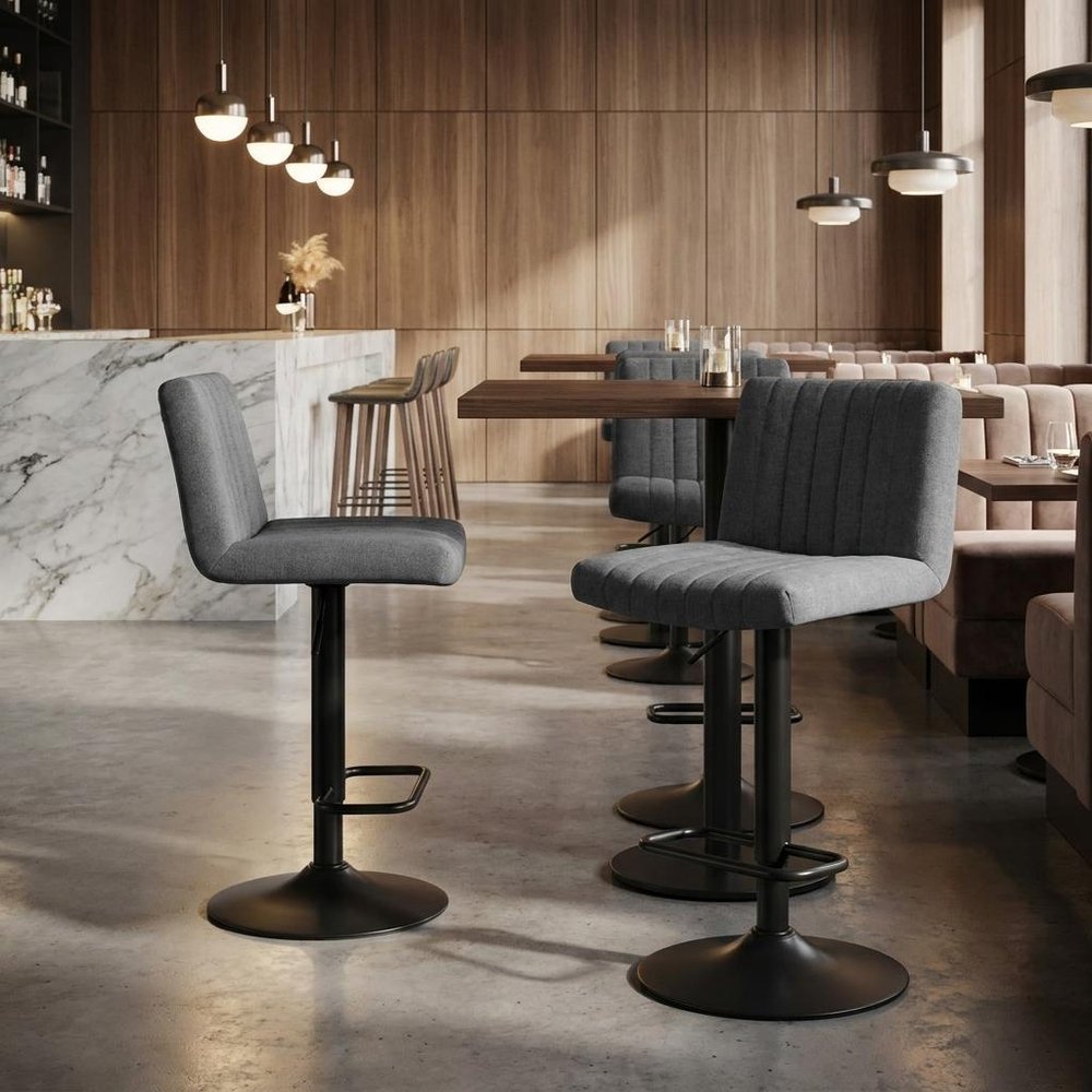 Set of Two Gray And Black Fabric And Metal Low Back Adjustable Height Bar Chairs