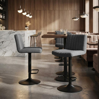 Set of Two Gray And Black Fabric And Metal Low Back Adjustable Height Bar Chairs