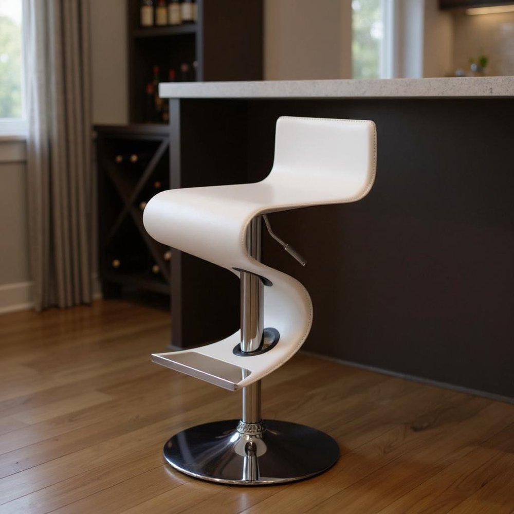 White And Silver Faux Leather And Metal Low Back Adjustable Height Bar Chair