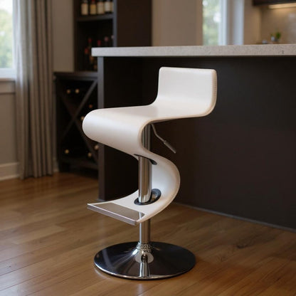White And Silver Faux Leather And Metal Low Back Adjustable Height Bar Chair