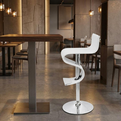 White And Silver Faux Leather And Metal Low Back Adjustable Height Bar Chair