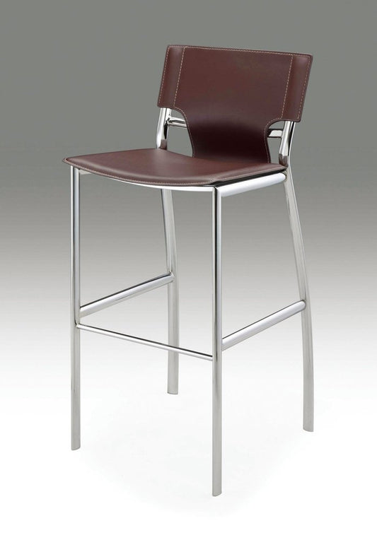 Set of Two 25" Brown And Silver Faux Leather And Metal Low Back Counter Height Bar Chairs