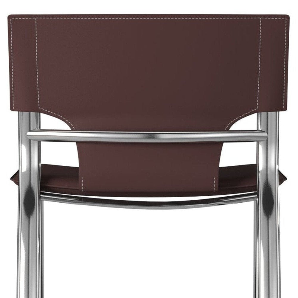 Set of Two 25" Brown And Silver Faux Leather And Metal Low Back Counter Height Bar Chairs