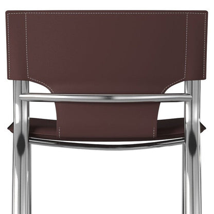 Set of Two 25" Brown And Silver Faux Leather And Metal Low Back Counter Height Bar Chairs