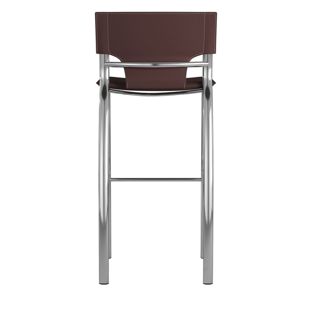 Set of Two 25" Brown And Silver Faux Leather And Metal Low Back Counter Height Bar Chairs