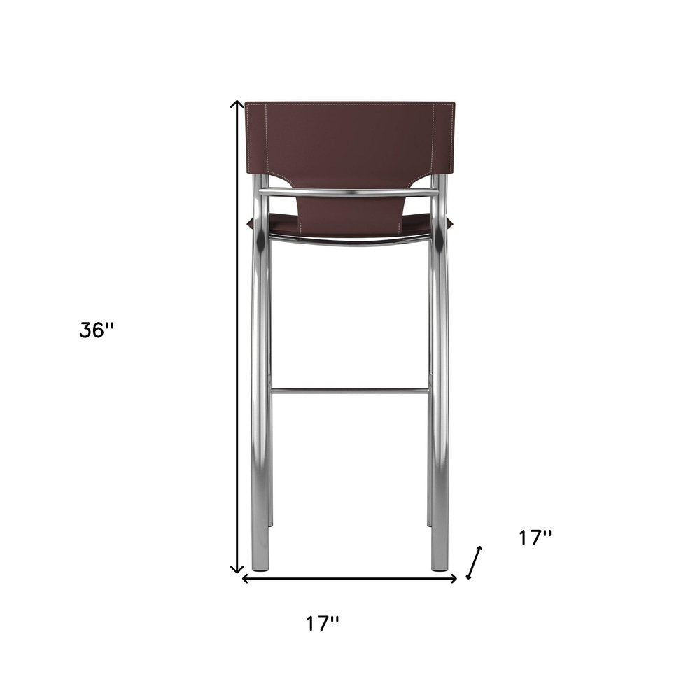 Set of Two 25" Brown And Silver Faux Leather And Metal Low Back Counter Height Bar Chairs