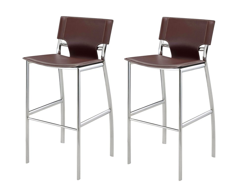 Set of Two 25" Brown And Silver Faux Leather And Metal Low Back Counter Height Bar Chairs