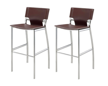 Set of Two 25" Brown And Silver Faux Leather And Metal Low Back Counter Height Bar Chairs