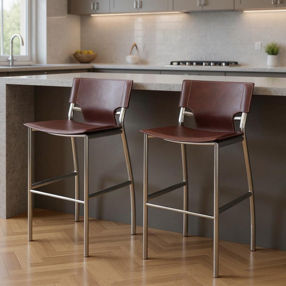 Set of Two 25" Brown And Silver Faux Leather And Metal Low Back Counter Height Bar Chairs