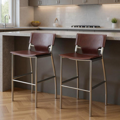 Set of Two 25" Brown And Silver Faux Leather And Metal Low Back Counter Height Bar Chairs