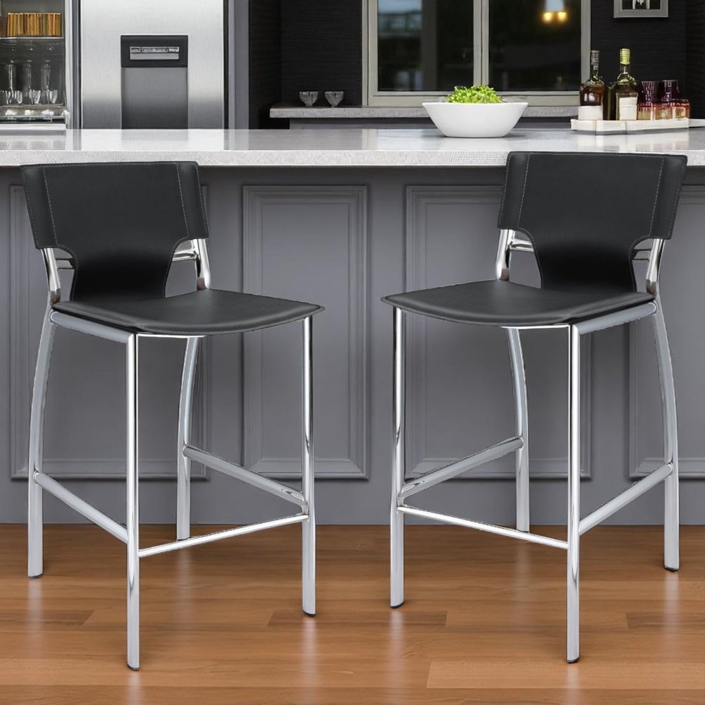 Set of Two 29" Black And Silver Faux Leather And Metal Low Back Bar Height Bar Chairs
