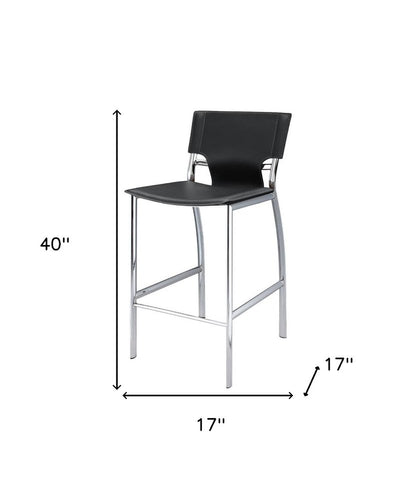 Set of Two 29" Black And Silver Faux Leather And Metal Low Back Bar Height Bar Chairs