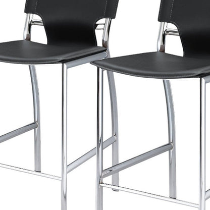 Set of Two 29" Black And Silver Faux Leather And Metal Low Back Bar Height Bar Chairs