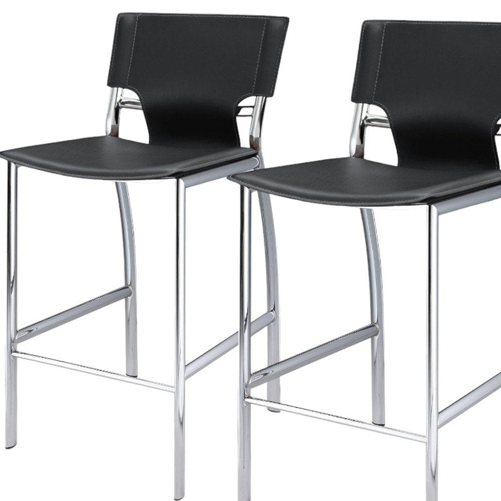 Set of Two 29" Black And Silver Faux Leather And Metal Low Back Bar Height Bar Chairs