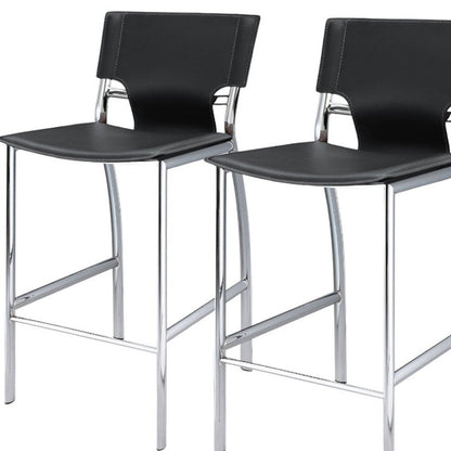 Set of Two 29" Black And Silver Faux Leather And Metal Low Back Bar Height Bar Chairs