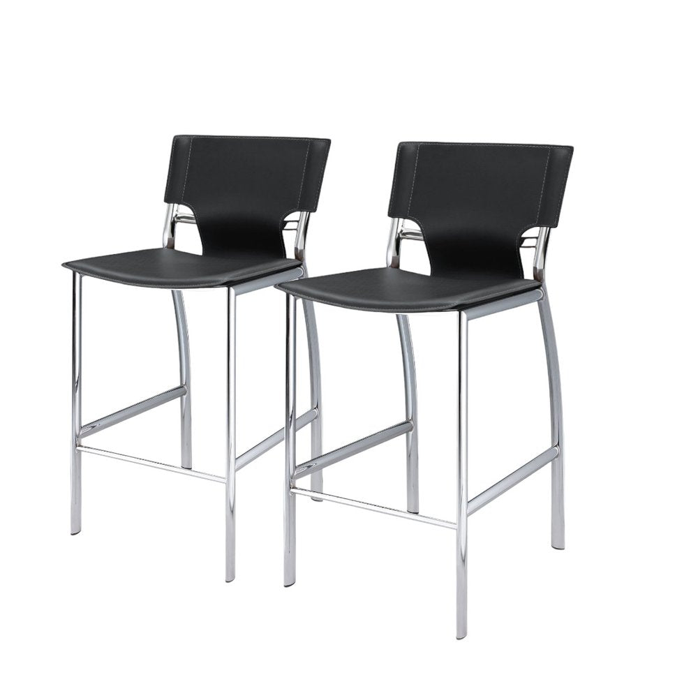 Set of Two 29" Black And Silver Faux Leather And Metal Low Back Bar Height Bar Chairs