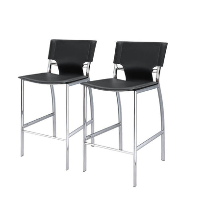 Set of Two 29" Black And Silver Faux Leather And Metal Low Back Bar Height Bar Chairs