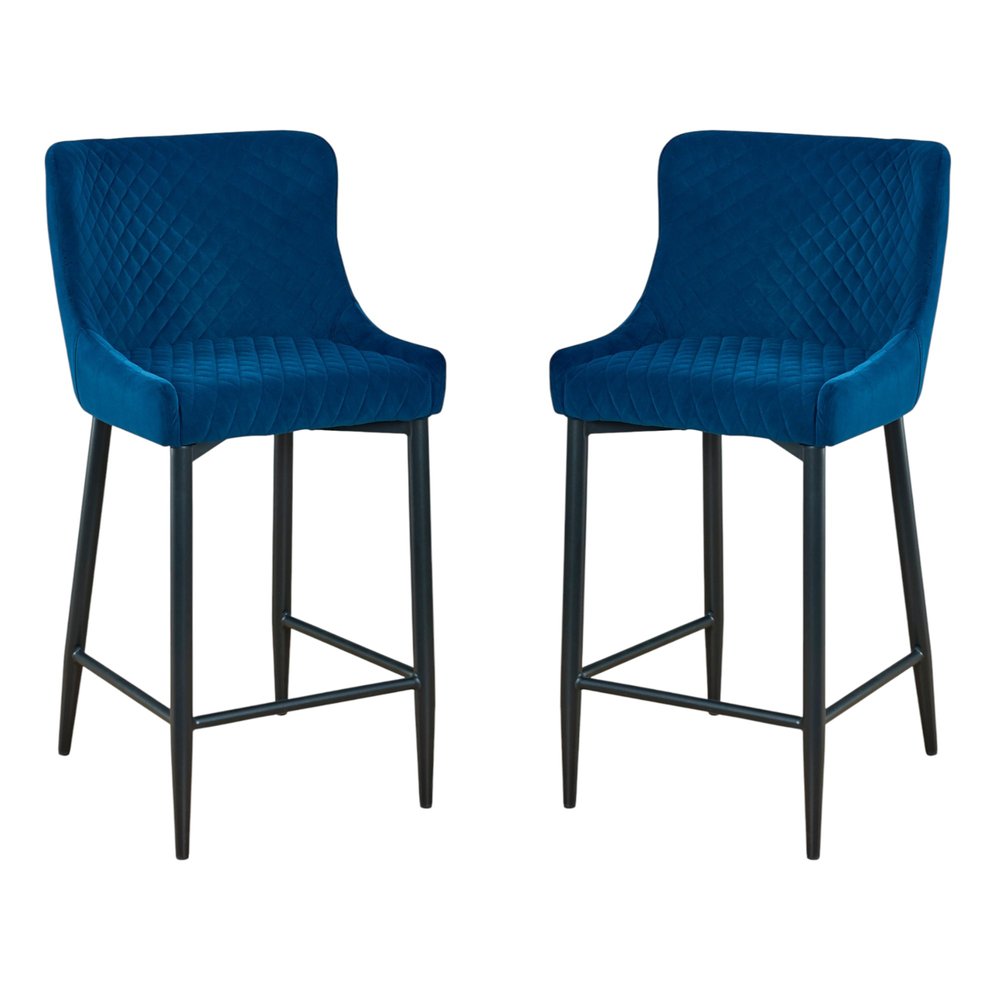 Set of Two 26" Blue And Black Velvet And Metal Low Back Counter Height Bar Chairs