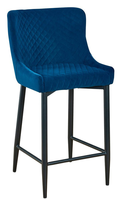Set of Two 26" Blue And Black Velvet And Metal Low Back Counter Height Bar Chairs