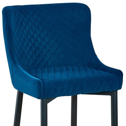 Set of Two 26" Blue And Black Velvet And Metal Low Back Counter Height Bar Chairs