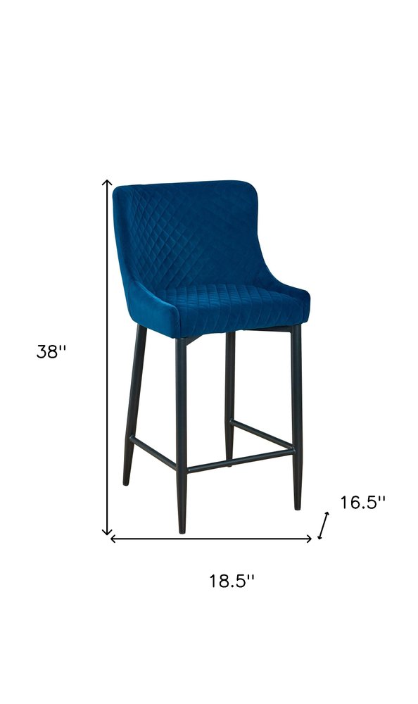 Set of Two 26" Blue And Black Velvet And Metal Low Back Counter Height Bar Chairs