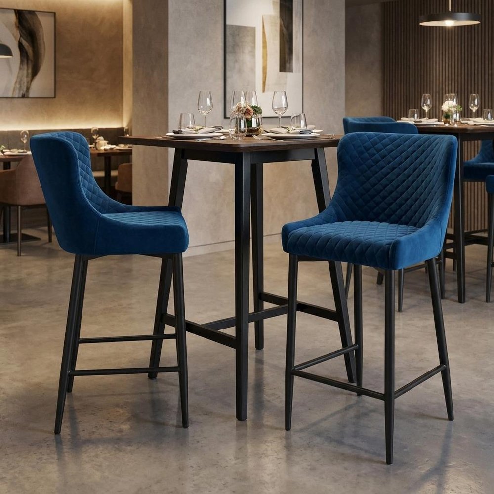 Set of Two 26" Blue And Black Velvet And Metal Low Back Counter Height Bar Chairs