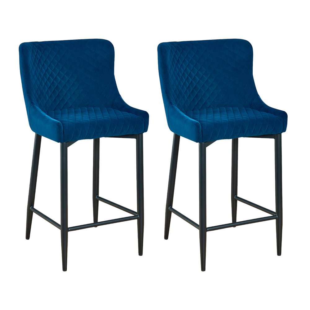 Set of Two 26" Blue And Black Velvet And Metal Low Back Counter Height Bar Chairs