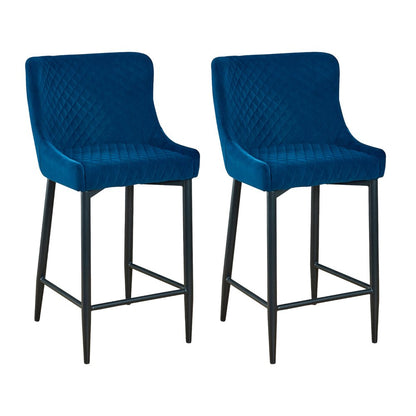 Set of Two 26" Blue And Black Velvet And Metal Low Back Counter Height Bar Chairs